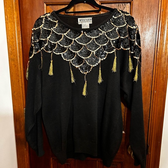 Vintage Western Connection sequined tassel black sweater size L - Picture 2 of 15